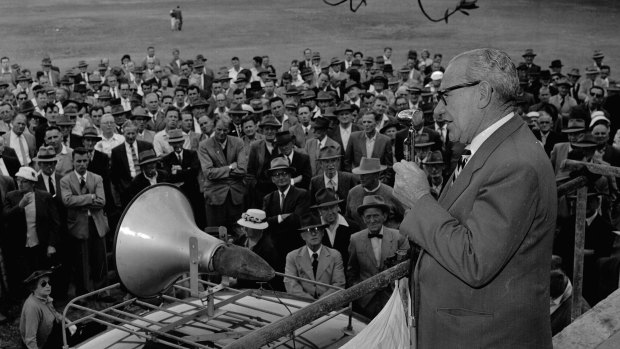 NSW Premier J.J Cahill speaks to a crowd at the Domain in Sydney on 16 November 1958.