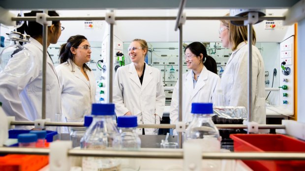 From left: University of Sydney chemistry PhD students Eileen Wang, 25; Nabiha Elias, 25; Paige Hawkins, 23; Wendy Tran, 22; Emma Watson, 23. 