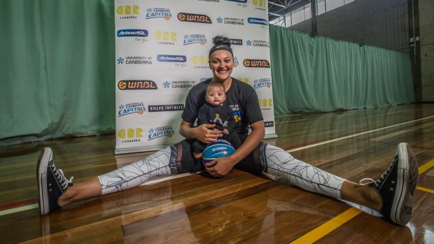 Canberra Capitals recruit Mistie Bass attends her first Capitals press conference with 12 week old son Braven Boyd. Photo by Karleen Minney.
