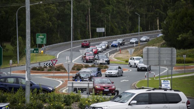 About three kilometres of stop-start traffic banked up at the Batemans Bay roundabout at the south coast on Saturday.