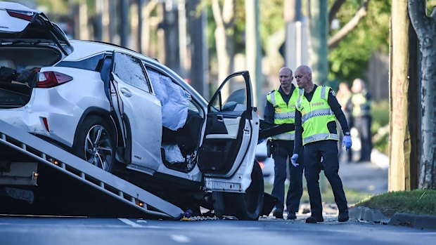 Scene of the fatal crash in Oakleigh. The stolen white Lexus is towed away.