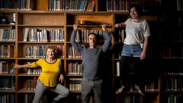 From left, Evelyn Krape, Simon Starr and Galit Klas in the library at Kadimah Yiddish Theatre. 
