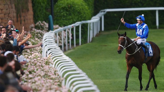 This one's for Treweeke: Hugh Bowman salutes the crowd after Winx’s remarkable Cox Plate win. 