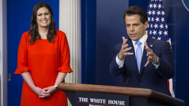 Anthony Scaramucci gives his first press conference as White House director of communications on Friday, flanked by new press secretary Sarah Huckabee Sanders.