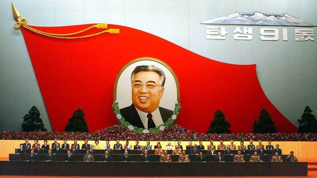 A huge flag-shaped painting featuring the late North Korean President Kim Il-sung is at an annual meeting to mark the late leader's birthday in North Korea.