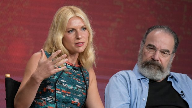 Claire Danes, left, and Mandy Patinkin participate on the <i>Homeland</i> panel.