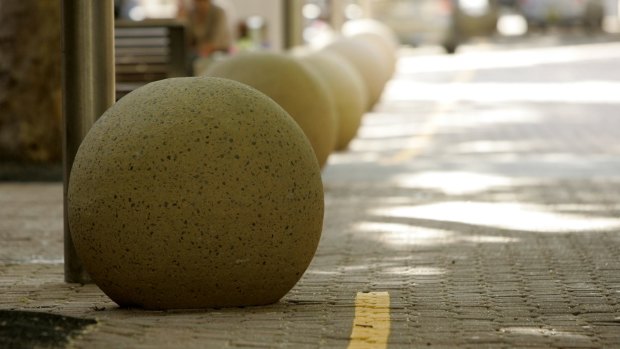 Spherical bollards are in the Hunter Street Mall in Newcastle. 