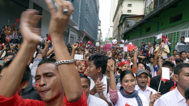 Supporters of Myanmar opposition leader Aung San Suu Kyi's National League for Democracy at a rally in Yangon this week. 