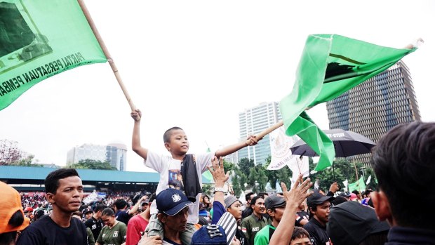 Supporters of Agus Harimurti Yudhoyono  at the rally in Jakarta on February 11.