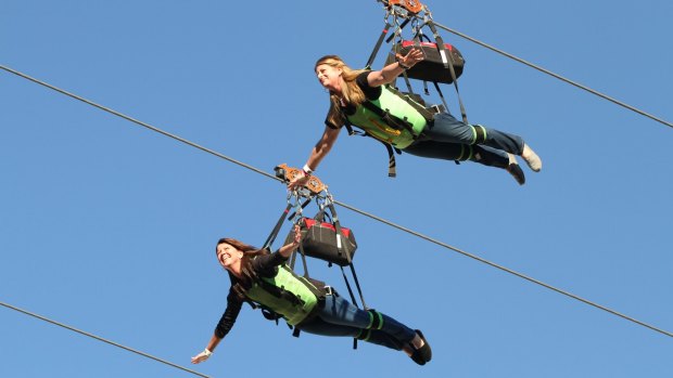 Up, up and away on the zip line. 
 