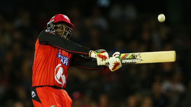 Going big: Chris Gayle blasted a quick but deadly innings on Monday night.