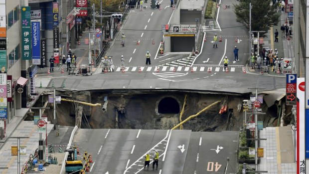 The massive sinkhole appeared in Fukuoka's CBD.