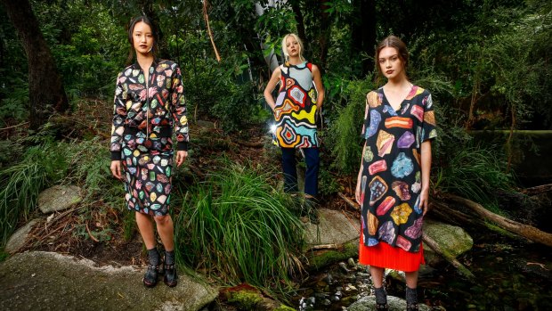 Models showcase designs from Lisa Gorman's Autumn collection, inspired by rocks from Melbourne Museum.
