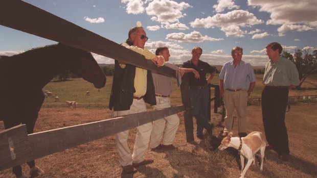 Bob Oatley, left, his sons, Sandy Oatley, local vet, Gavin Gidley-Baird, Chris Oatley and Ian Oatley on Edinglassie homestead in the Hunter Valley.