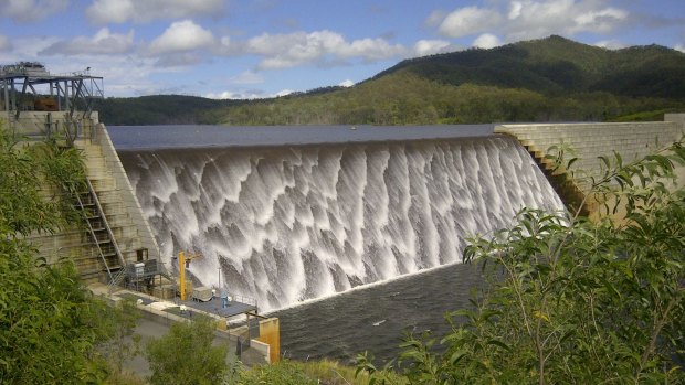 Wyaralong Dam spills over after heavy rain. 