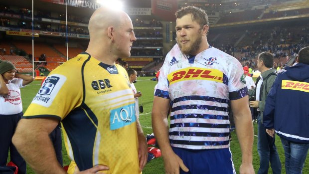 Stephen Moore of the Brumbies and Duane Vermeulen of the Stormers.