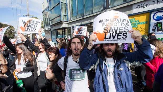 Protesters rally in Victoria Street, Richmond, for a safe injecting room.