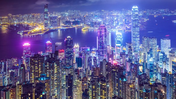 Hong Kong skyline from the Peak on Hong Kong Island. 