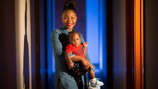 Liberian-born mother Geryline Conto with her five-month-old son Ownzie Flomo. 