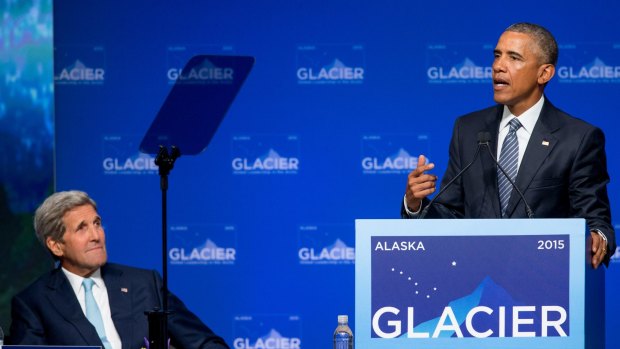 President Barack Obama, right, accompanied by Secretary of State John Kerry, left, speaks at the Global Leadership in the Arctic: Cooperation, Innovation, Engagement and Resilience (GLACIER) Conference.