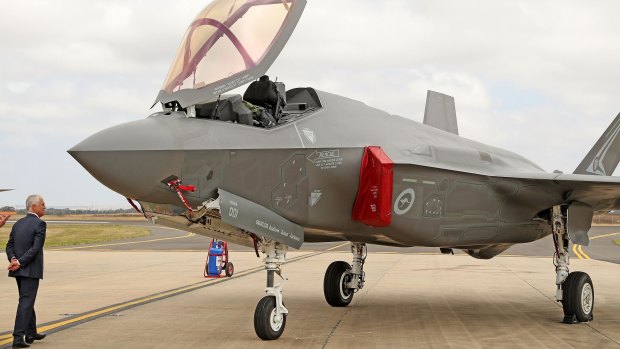 Open for inspection: Prime Minister of Australia Malcolm Turnbull gets a closer look at a Joint Strike Fighter F-35 at the Avalon Airshow.