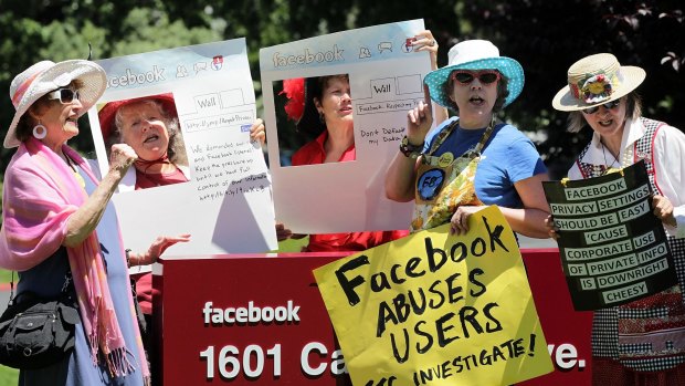 Members of the group Raging Grannies stage a demonstration regarding Facebook's privacy policies outside its headquarters in California. According to a study by British security firm Friedland, 78 per cent of burglars use social media such as Facebook and Twitter to get status updates and to target properties. 
