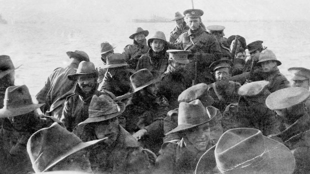 Men of the 1st Divisional Signal Company about to land at Anzac Cove on April 25, 1915.