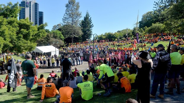 Hundreds of workers gathered for the ceremony in Brisbane CBD to mark Workers' Memorial Day.