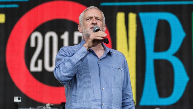 Jeremy Corbyn speaks to the crowd at the Glastonbury Festival.