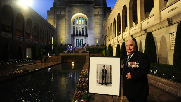Representing the Bell family is Alan Hall of Melbourne after the Last Post ceremony at the Australian War Memorial in Canberra for Flight Lieutenant John Napier Bell.