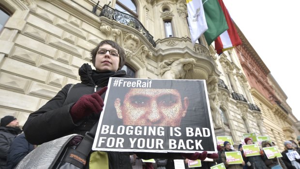 Protests against the punishment for Saudi blogger Raif Badawi in February, 2015, in Vienna, Austria. 