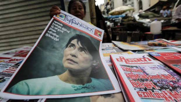 Newspapers for sale in Yangon on Monday. 