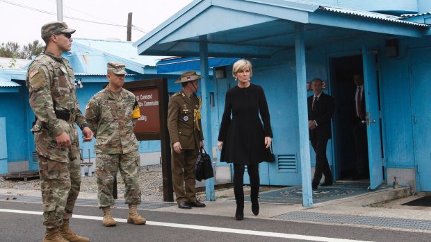 Foreign Minister Julie Bishop outside the Neutral Nations Supervisory Commission room at the border village of Panmunjom in South Korea last month.