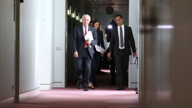 Malcolm Turnbull strolls the press gallery at Parliament House in Canberra.