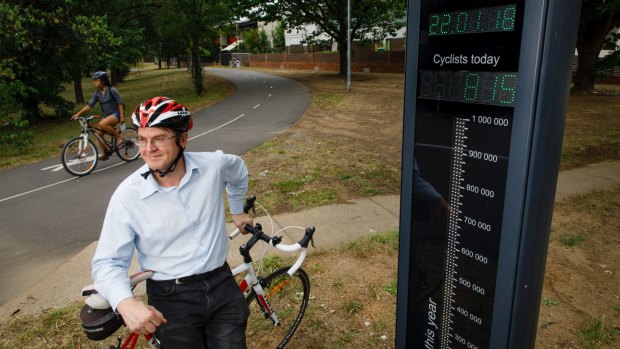 Ian Ross from Pedal Power ACT with the recently installed bike barometer in O'Connor. Perth, Melbourne, and Brisbane have also adopted the technology. 