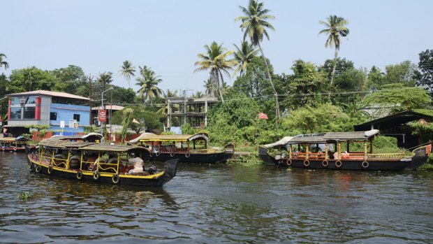 Tourist boats at Kerala backwaters in Alleppey.