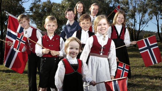 All ready for Norway's National Day Celebrations of May 17 at the Senate Rose Gardens, rear from left, Mathias Berge 14, of O'Connor, Lise Havn, of Ainslie, Janecke Willie, of Lyneham, middle from left, Joachim Willie- Bellechambers, 11, of Lyneham, Magnus Aarhaug, 6, of Campbell, Hugo Berge, 9, of O'Connor, Anna Berge, 9, of O'Connor, front from left, Nell Berge, 3, of O'Connor, and Maya Willie-Bellechambers, 6.  