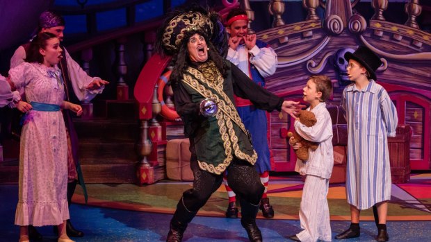 Todd McKenney as Captain Hook (centre) in the panto The Adventures of Peter Pan and Tinker Bell. 
