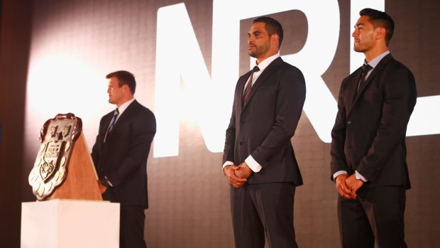 Front men: Greg Inglis and Shaun Johnson act as the new faces of the NRL in the season launch in Auckland.