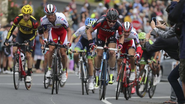 Last lap: Cadel Evans (right) tackles one of the last climbs of his pro career in Geelong on Sunday.