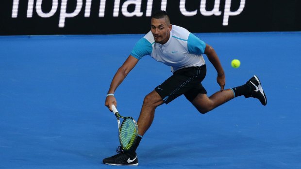 Nick Kyrgios during his win over Andy Murray at the Hopman Cup.