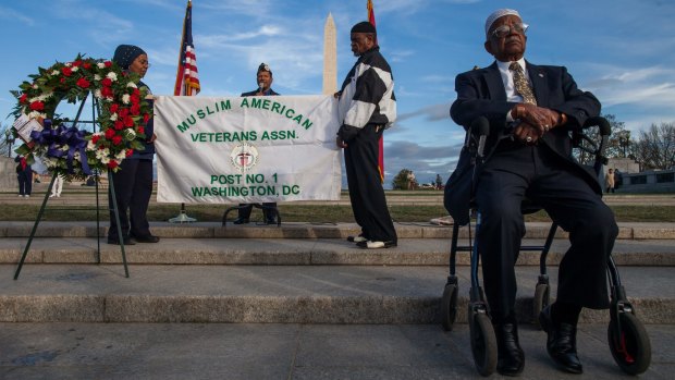 Nazim Abdul Karreim and other members of the Muslim American Veterans Association at a wreath-laying at the National World War II Memorial in Washington last year.  