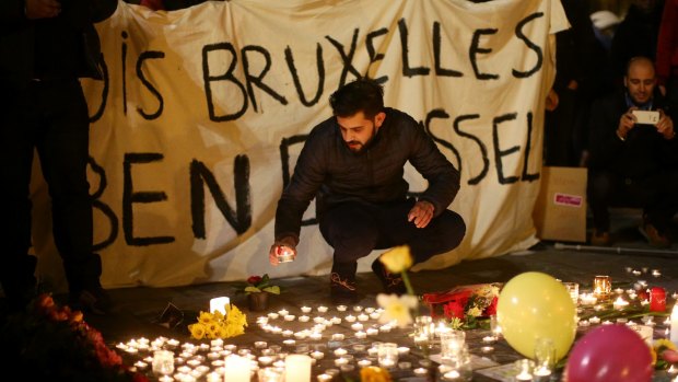 Solidarity at the Place de la Bourse following the attacks in Brussels.