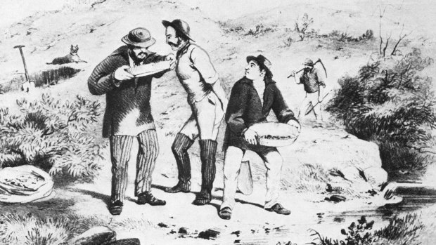 Men panning for gold on the Buckland River goldfield in Victoria in 1854.