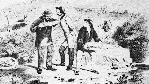 Men panning for gold on the Buckland River goldfield in Victoria in 1854.