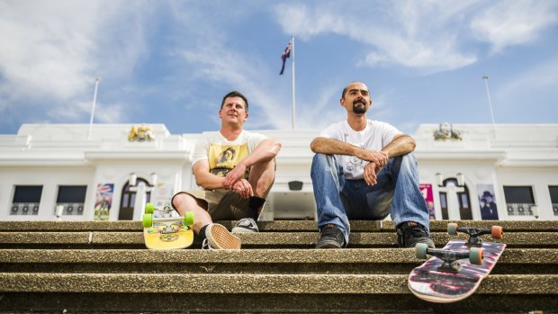 Christian Sheldrick and Tony Caruana from the Canberra Skateboarding Association, who are upset that the NCA is 'skatboard proofing' the national monuments in the triangle. 