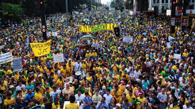 Anti-government protesters in Sao Paulo on Sunday, joined demonstrators in 205 Brazilian cities.