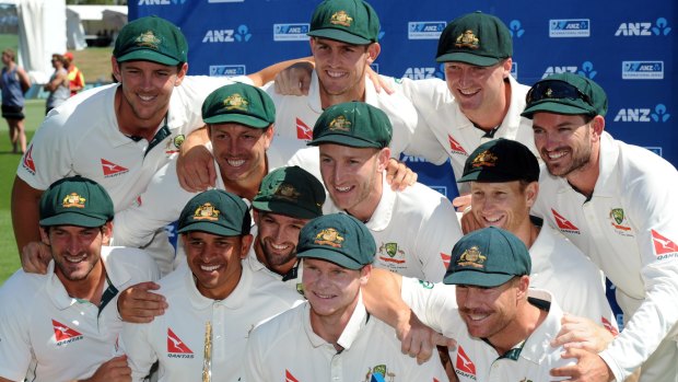 Australia's Test team celebrate their win over New Zealand in Christchurch during the 2016 tour.