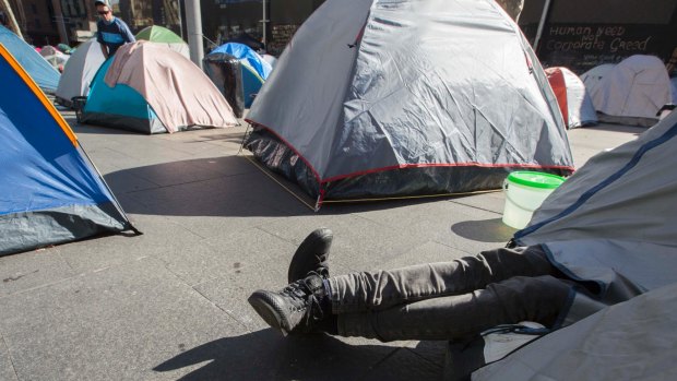 The homeless encampment in front of the Reserve Bank HQ in Martin Place.