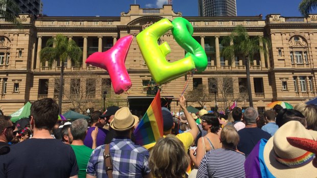 Same-sex marriage supporters at a rally in Brisbane. 